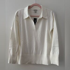 NWT LL Bean Cotton/Cashmere V-Neck Polo Long Sleeve Womens Small Cream/Sea Salt